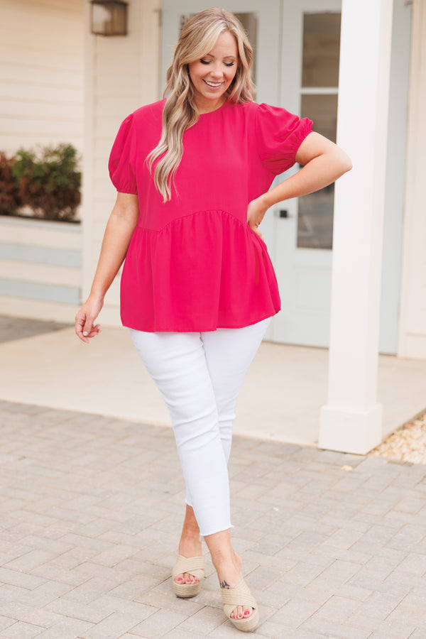 Chic Soul plus size clothing, hot pink babydoll style top with bubble sleeves