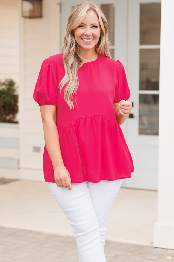 Chic Soul plus size clothing, hot pink babydoll style top with bubble sleeves