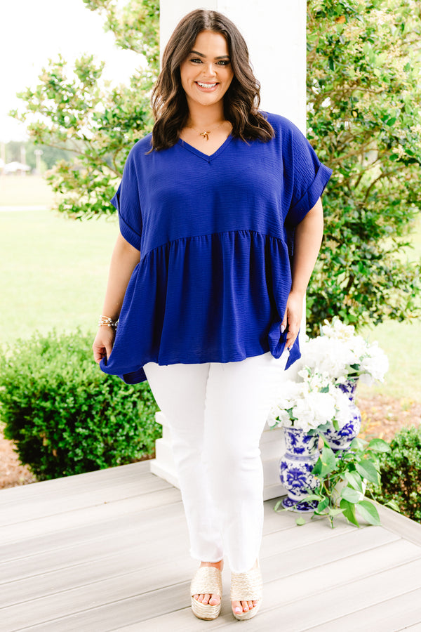Chic Soul plus size clothing, solid royal blue babydoll top