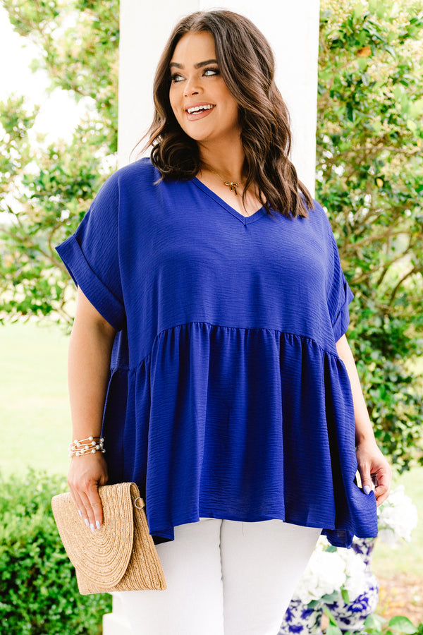 Chic Soul plus size clothing, solid royal blue babydoll top