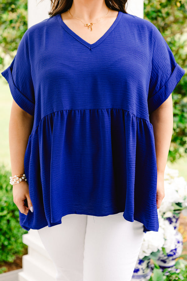 Chic Soul plus size clothing, solid royal blue babydoll top