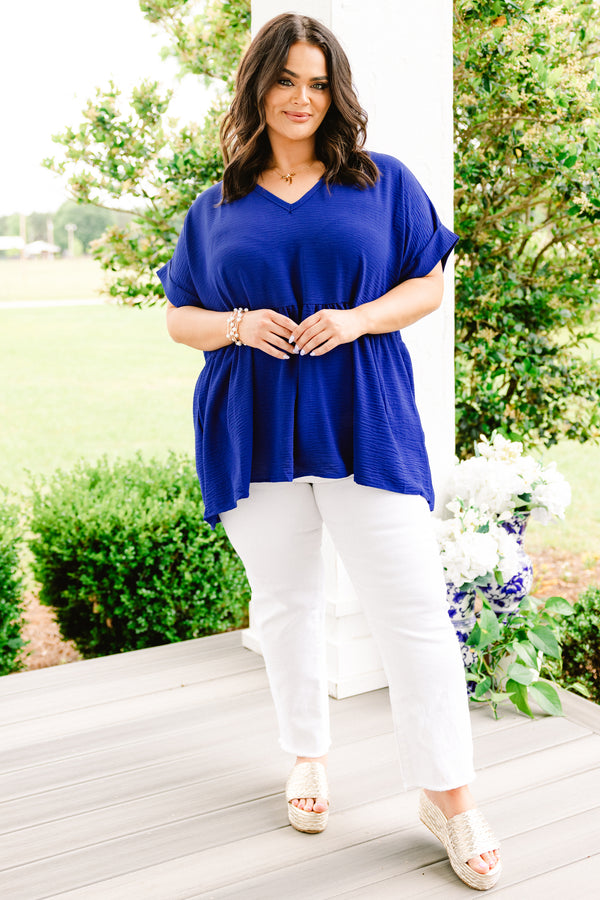 Chic Soul plus size clothing, solid royal blue babydoll top