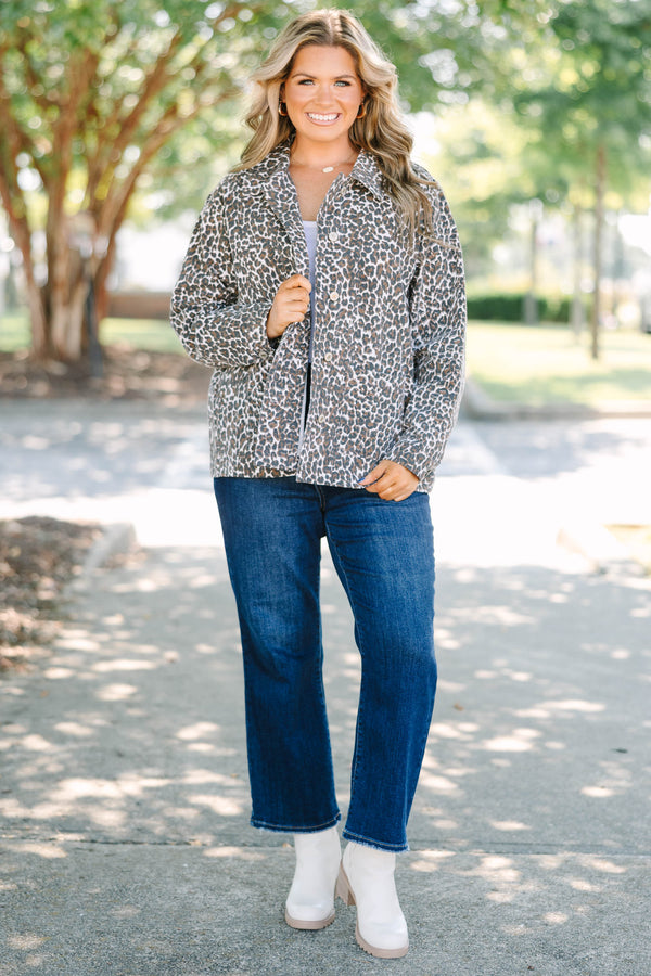 Plus Size leopard print denim jacket with a button-down front and long sleeves.