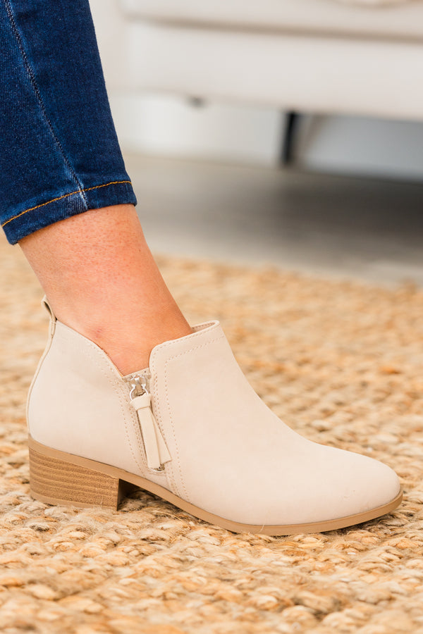 Chic Soul plus size clothing, nude round toe booties with slight block wooden heel and side zipper detail
