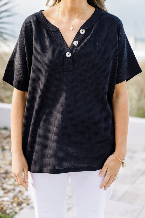Chic Soul plus size clothing, waffle textured black short sleeve casual top with three top accent buttons