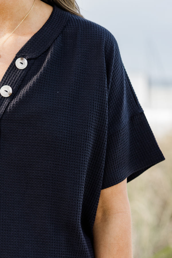 Chic Soul plus size clothing, waffle textured black short sleeve casual top with three top accent buttons