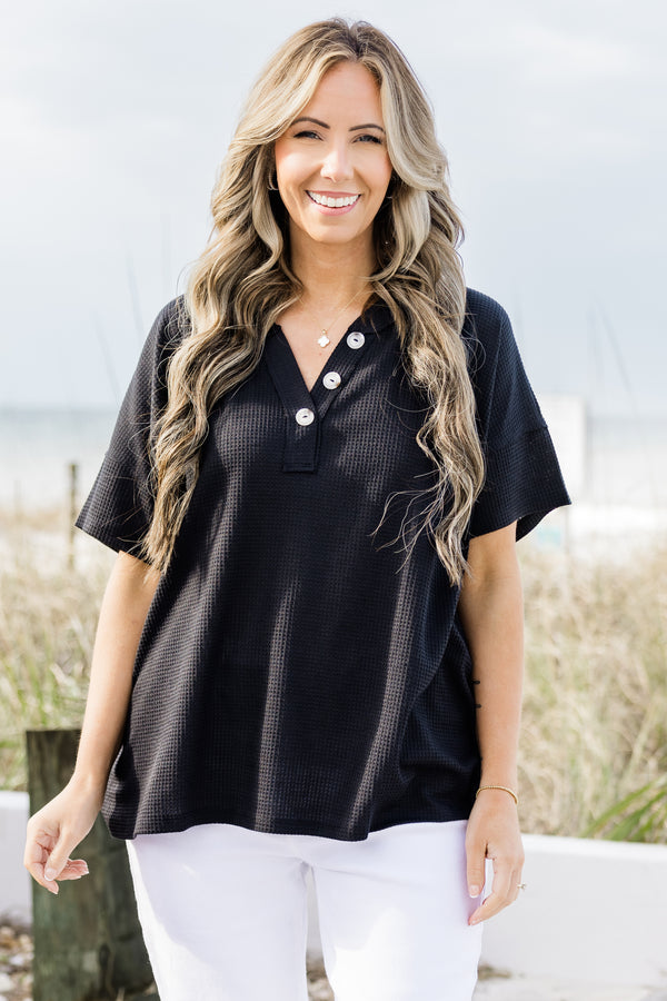 Chic Soul plus size clothing, waffle textured black short sleeve casual top with three top accent buttons
