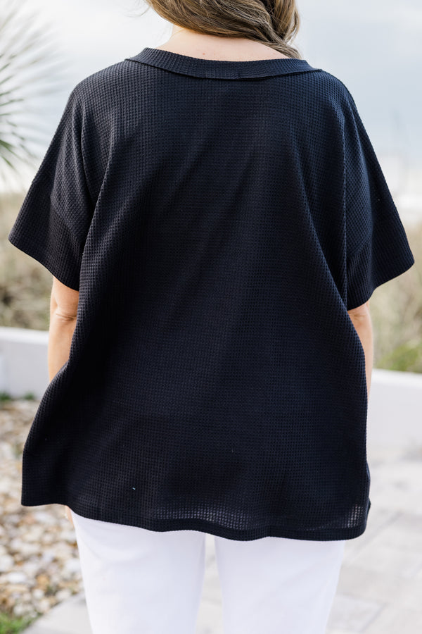 Chic Soul plus size clothing, waffle textured black short sleeve casual top with three top accent buttons