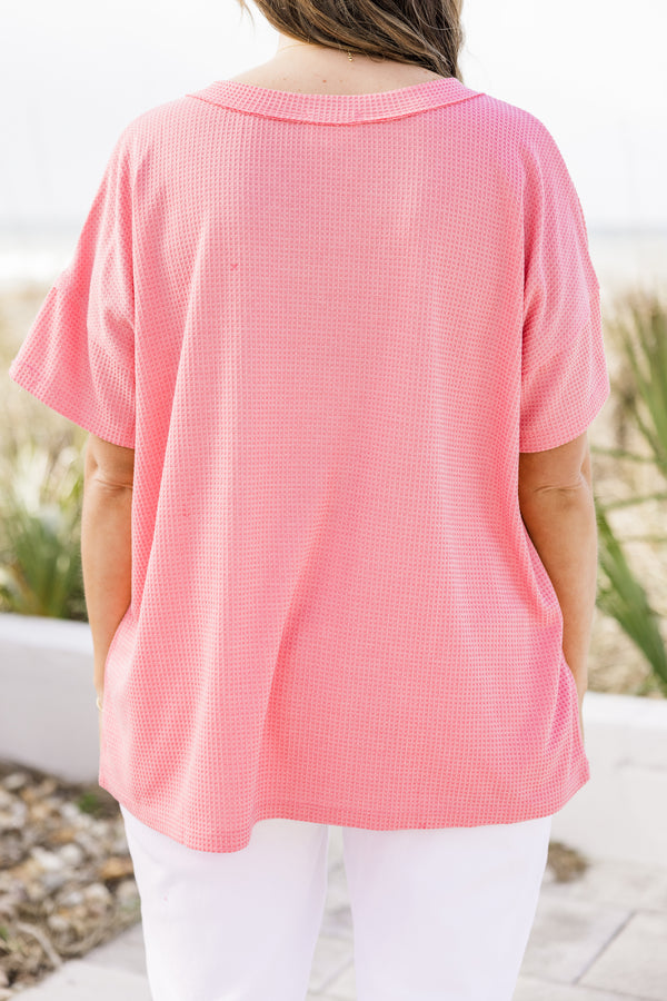 Chic Soul plus size clothing, waffle textured flamingo pink short sleeve casual top with three top accent buttons