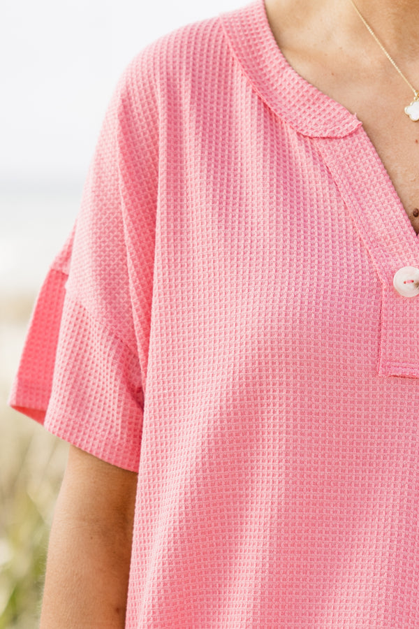 Chic Soul plus size clothing, waffle textured flamingo pink short sleeve casual top with three top accent buttons