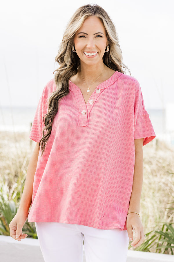 Chic Soul plus size clothing, waffle textured flamingo pink short sleeve casual top with three top accent buttons