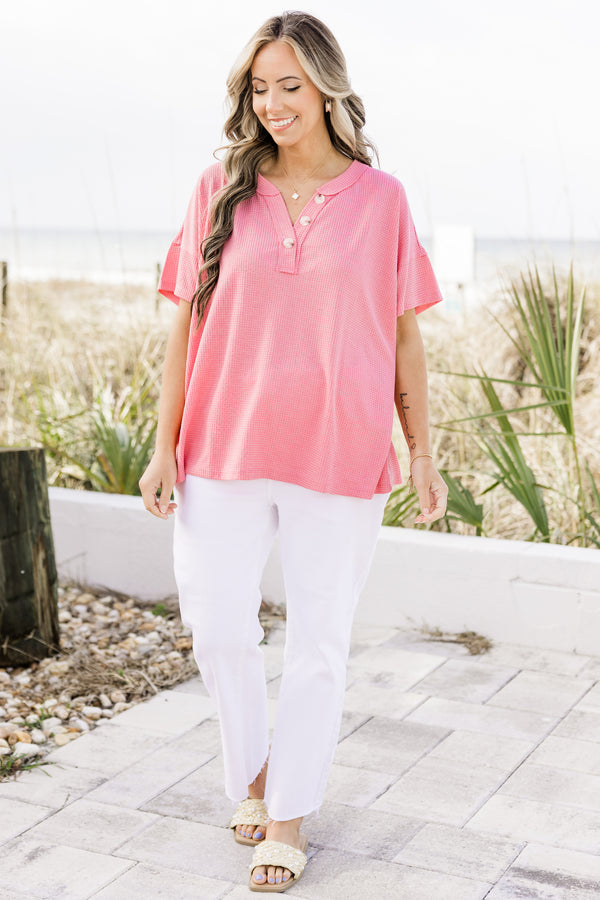 Chic Soul plus size clothing, waffle textured flamingo pink short sleeve casual top with three top accent buttons