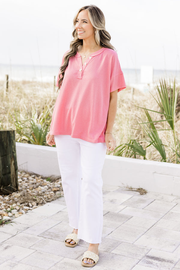 Chic Soul plus size clothing, waffle textured flamingo pink short sleeve casual top with three top accent buttons