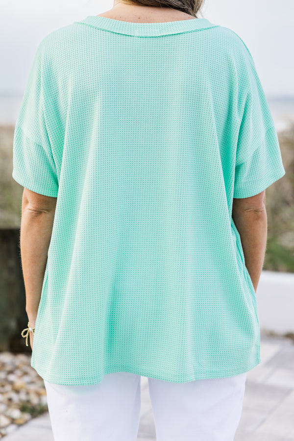 Chic Soul plus size clothing, waffle textured mint blue short sleeve casual top with three top accent buttons