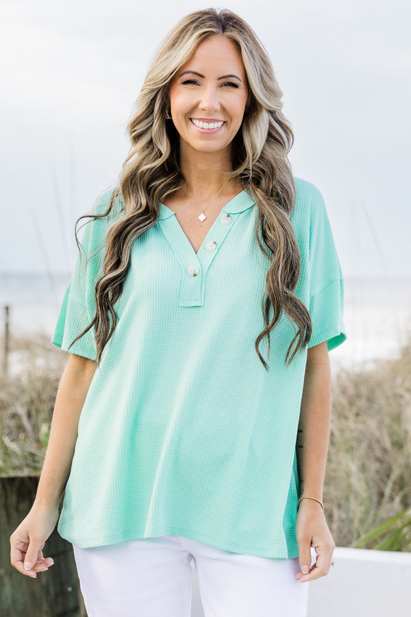 Chic Soul plus size clothing, waffle textured mint blue short sleeve casual top with three top accent buttons