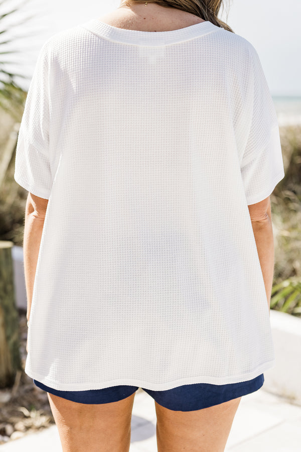 Plus Size ivory short sleeve waffle knit top with a button-down henley neckline.