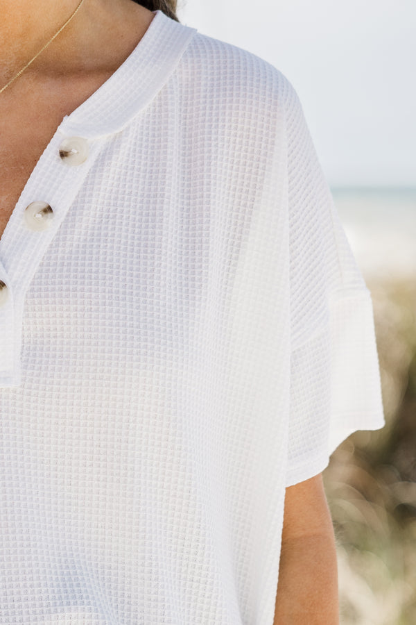 Plus Size ivory short sleeve waffle knit top with a button-down henley neckline.