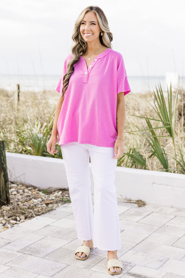 Plus Size short sleeve waffle knit top in magenta glow with a button-up henley neckline.