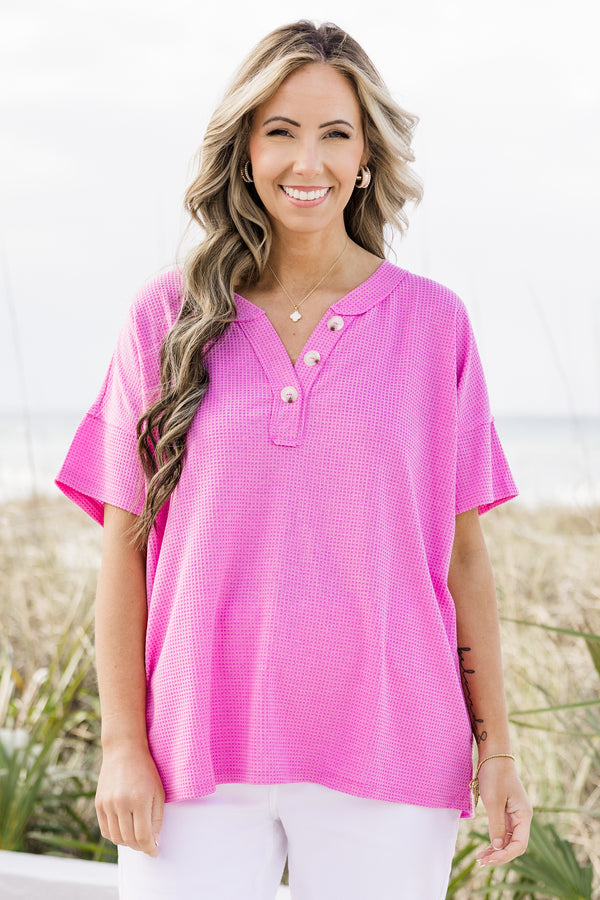 Plus Size short sleeve waffle knit top in magenta glow with a button-up henley neckline.