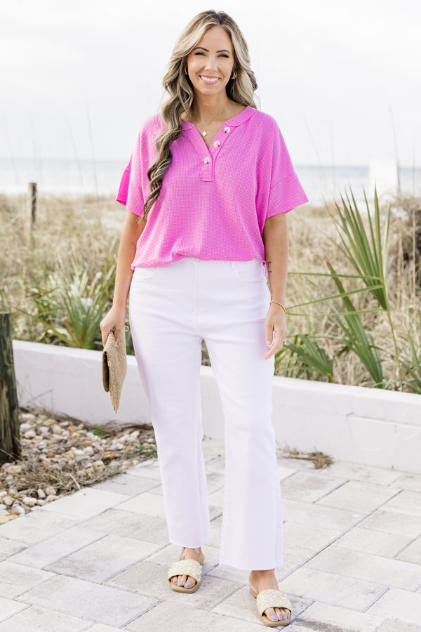 Plus Size short sleeve waffle knit top in magenta glow with a button-up henley neckline.