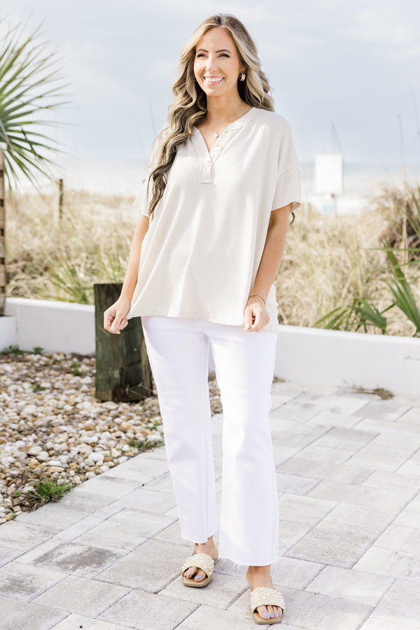 Chic Soul plus size clothing, oatmeal short sleeve top with a three buttons on the v-neckline and a waffle textured pattern 
