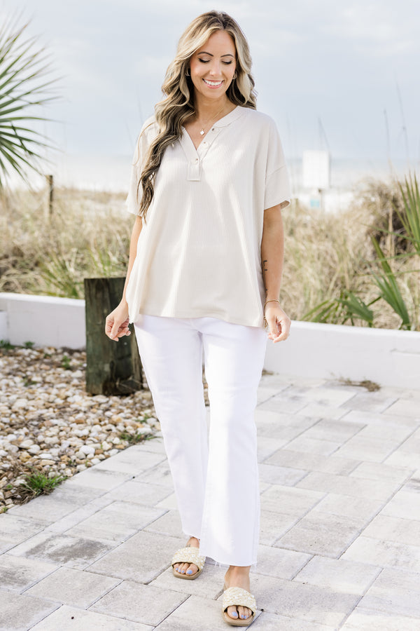 Chic Soul plus size clothing, oatmeal short sleeve top with a three buttons on the v-neckline and a waffle textured pattern 
