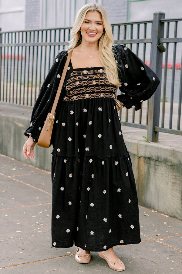 Chic Soul plus size clothing, black long sleeve flowy tiered maxi dress with square neckline and ruched texture top and small white flowers on it