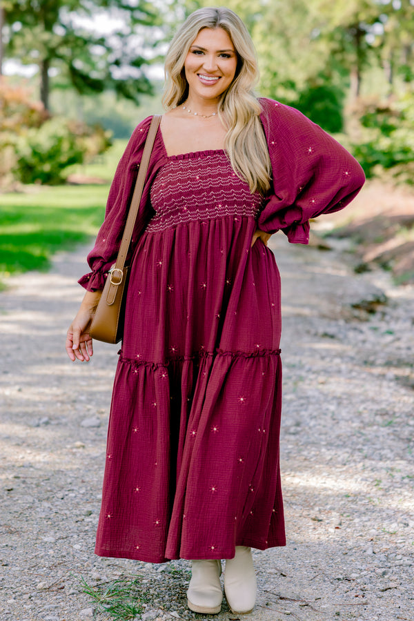Chic Soul plus size clothing, burgundy long sleeve maxi dress with bubble sleeves and rouching on the chest and small white flowers all over 