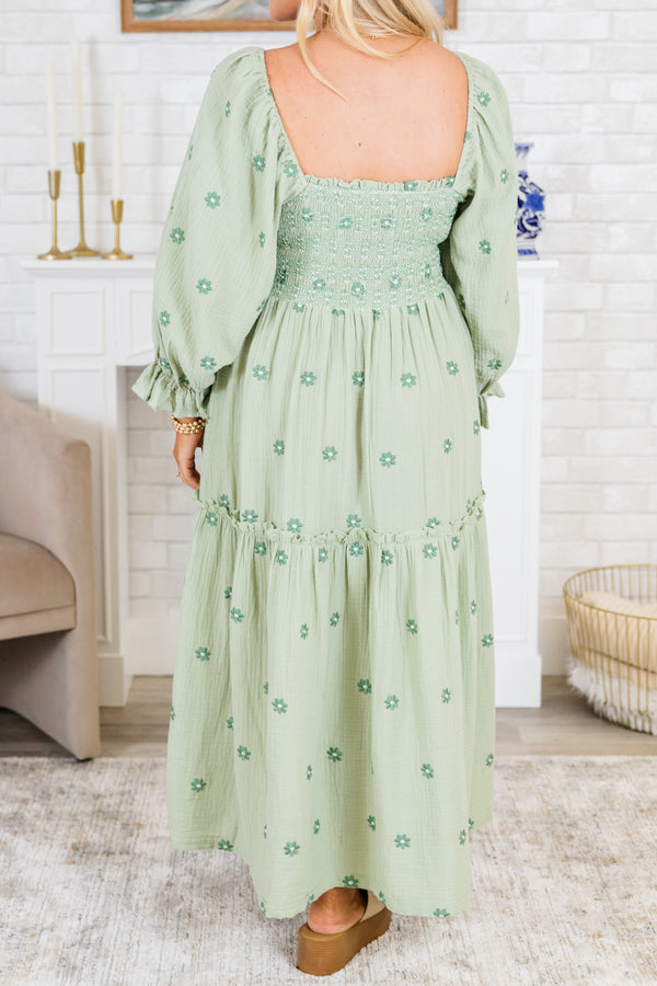 Chic Soul plus size clothing, long-puffed-sleeve green ruffled maxi dress with a smocked bodice and green subtle floral pattern