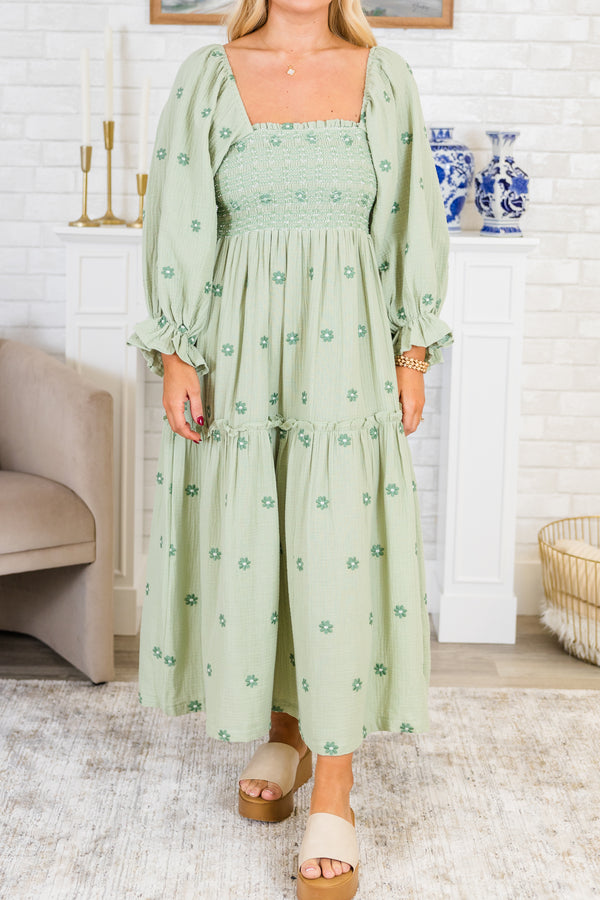 Chic Soul plus size clothing, long-puffed-sleeve green ruffled maxi dress with a smocked bodice and green subtle floral pattern