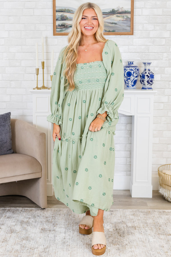 Chic Soul plus size clothing, long-puffed-sleeve green ruffled maxi dress with a smocked bodice and green subtle floral pattern