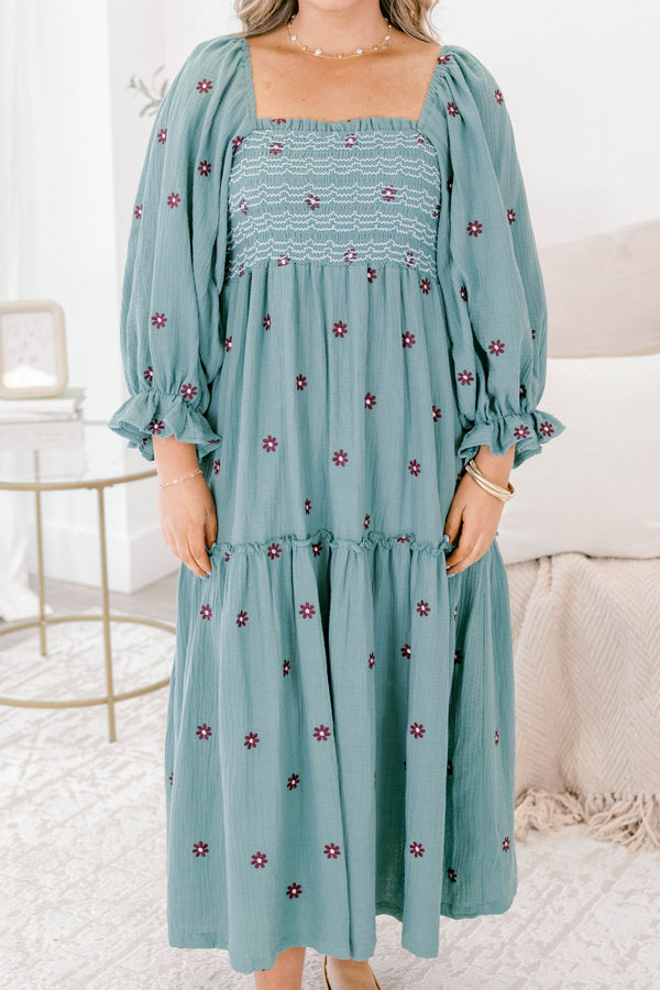 Chic Soul plus size clothing, dusty blue long sleeve square neck tiered maxi dress with dark purple embroidered flower detailing 