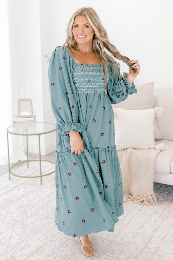 Chic Soul plus size clothing, dusty blue long sleeve square neck tiered maxi dress with dark purple embroidered flower detailing 