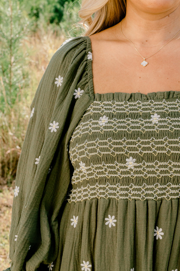 Chic Soul plus size clothing, olive square neck tiered maxi dress with small white flowers on it 