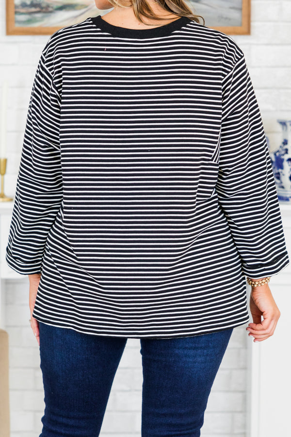 Chic Soul plus size clothing, black long sleeve top with white stripes with black outline along round neckline with rolled sleeves