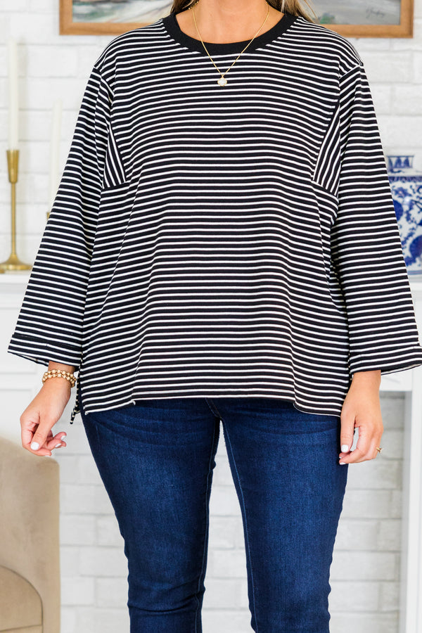 Chic Soul plus size clothing, black long sleeve top with white stripes with black outline along round neckline with rolled sleeves