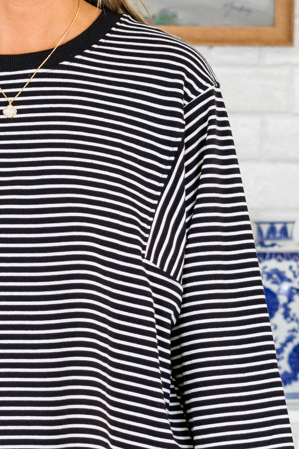 Chic Soul plus size clothing, black long sleeve top with white stripes with black outline along round neckline with rolled sleeves