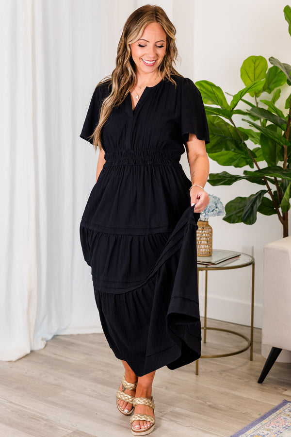 Chic Soul plus size clothing, black tiered flowy midi dress with cinched waistline and a v neck