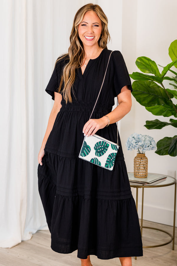 Chic Soul plus size clothing, black tiered flowy midi dress with cinched waistline and a v neck