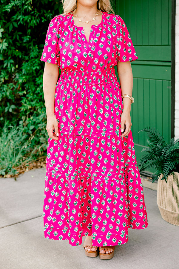 Chic Soul plus size clothing, fuchsia short-flutter sleeve shallow v-neck tiered maxi dress with floral pattern