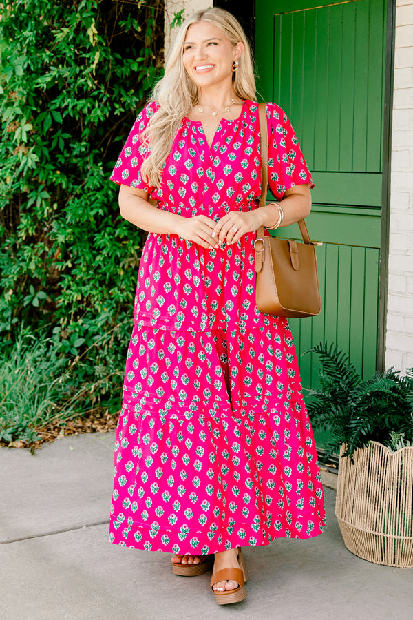 Chic Soul plus size clothing, fuchsia short-flutter sleeve shallow v-neck tiered maxi dress with floral pattern