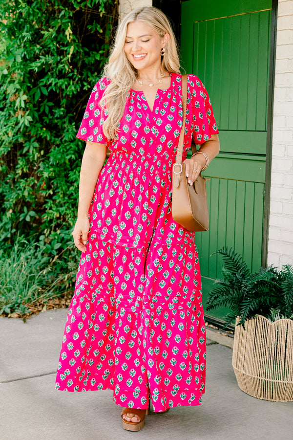 Chic Soul plus size clothing, fuchsia short-flutter sleeve shallow v-neck tiered maxi dress with floral pattern