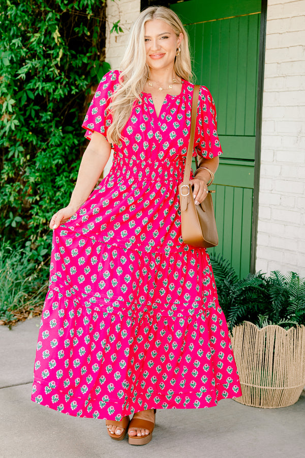 Chic Soul plus size clothing, fuchsia short-flutter sleeve shallow v-neck tiered maxi dress with floral pattern