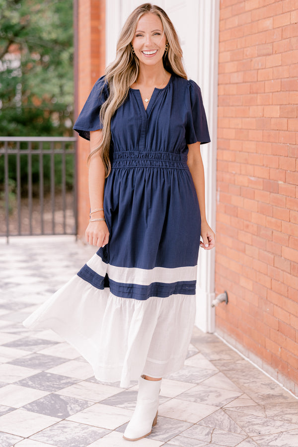 Chic Soul plus size clothing, navy short-flutter sleeve shallow v-neck maxi dress with cinched waist and white color blocking at bottom