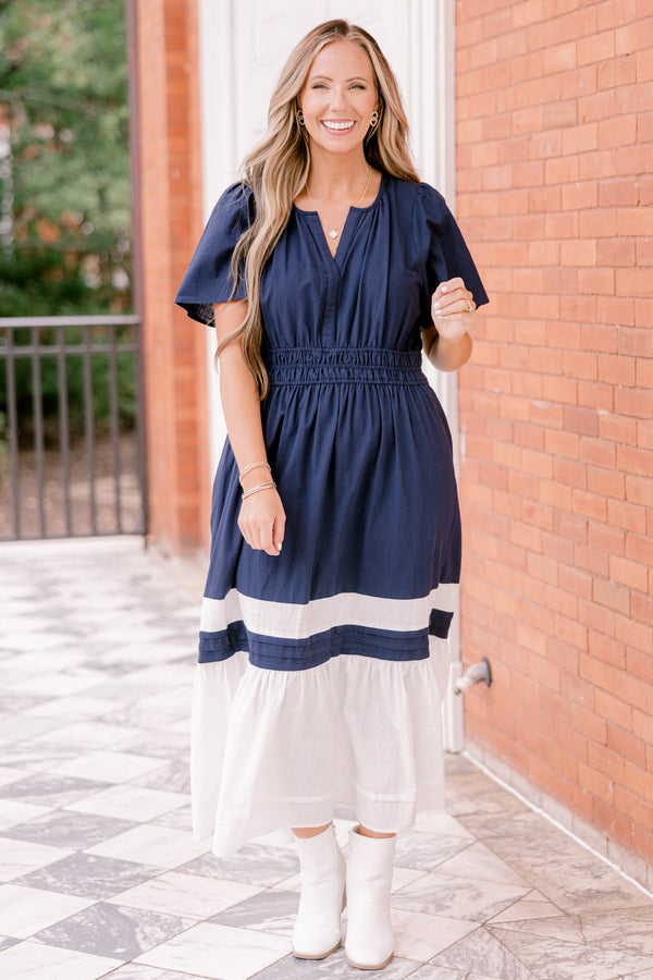 Chic Soul plus size clothing, navy short-flutter sleeve shallow v-neck maxi dress with cinched waist and white color blocking at bottom