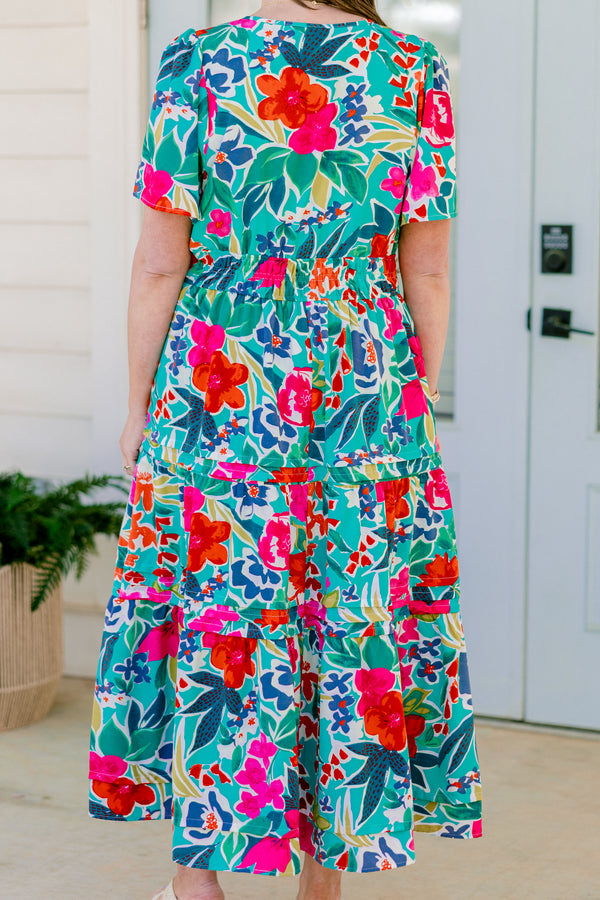 Chic Soul plus size clothing, short-sleeve teal ruffled tiered midi baby doll dress with a split-v-neckline and a multi-colored tropical floral abstract pattern