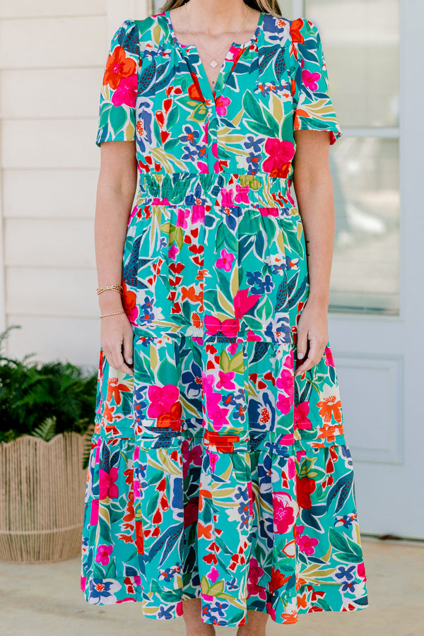 Chic Soul plus size clothing, short-sleeve teal ruffled tiered midi baby doll dress with a split-v-neckline and a multi-colored tropical floral abstract pattern