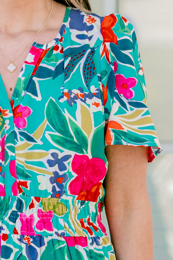 Chic Soul plus size clothing, short-sleeve teal ruffled tiered midi baby doll dress with a split-v-neckline and a multi-colored tropical floral abstract pattern