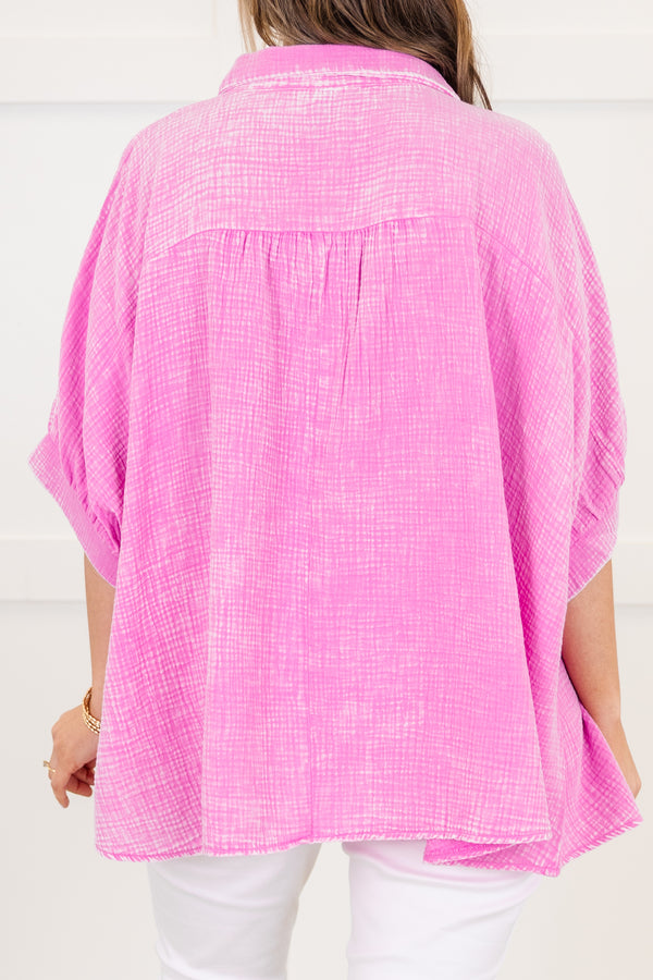 Chic Soul plus size clothing, bright mauve acid wash short sleeve gauze button up top with collar detail with cuff sleeves