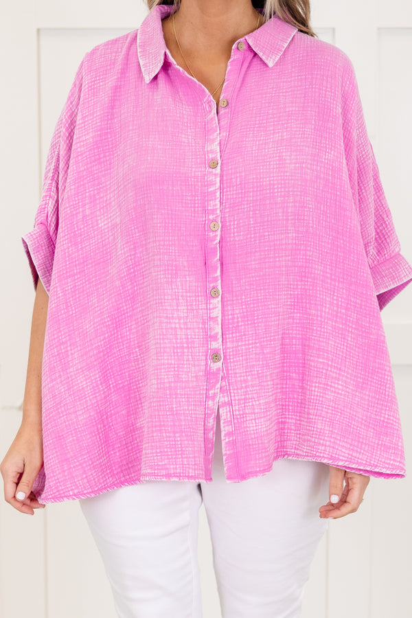 Chic Soul plus size clothing, bright mauve acid wash short sleeve gauze button up top with collar detail with cuff sleeves